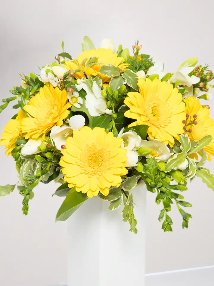 Bouquet di gerbere gialle e fiori bianchi close up